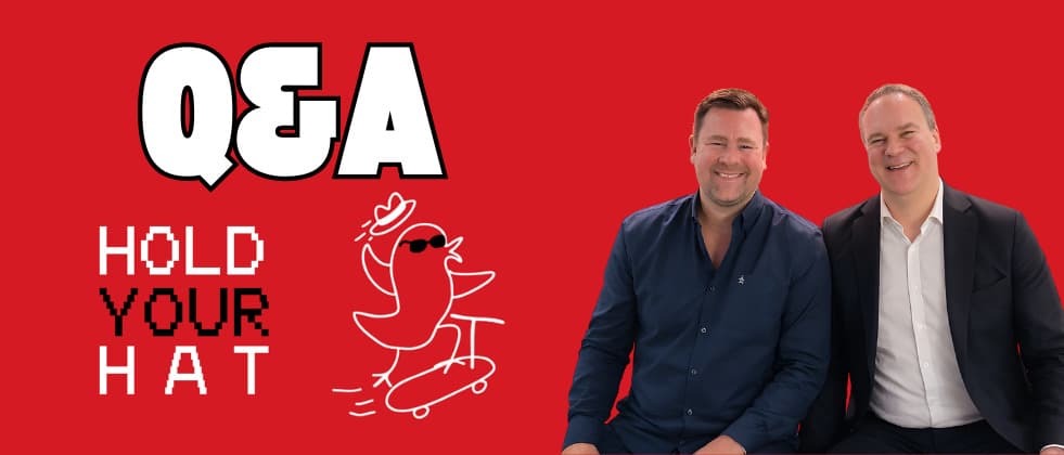 Banner showing a logo of Hold Your Hat and the interviewed people, Lars and Daniel, on the right side.