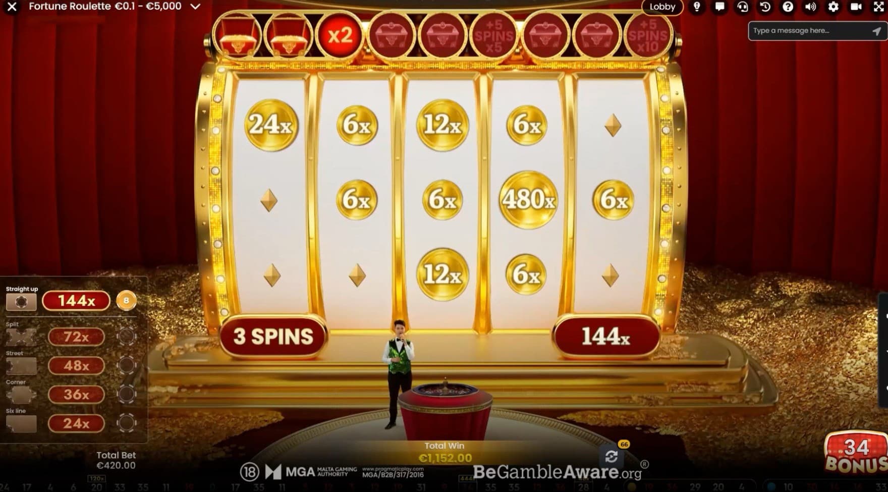 Fortune Roulette Bonus Game being active with a current total win of 144X.