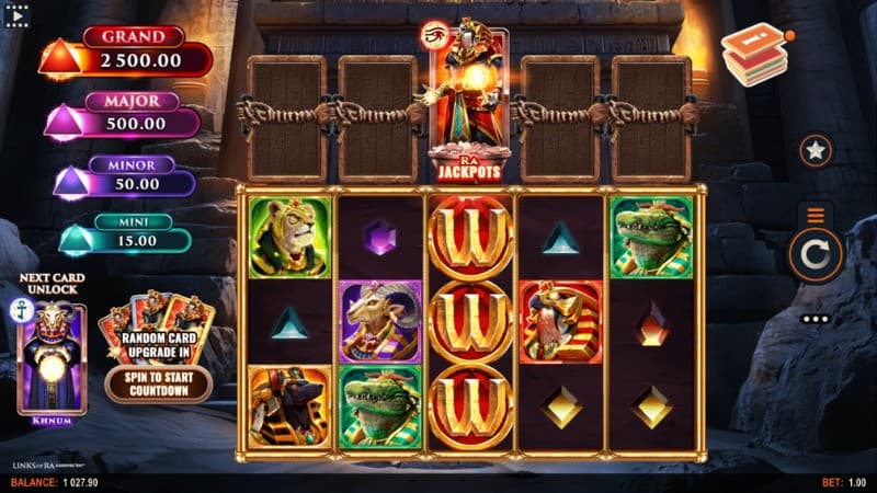 In game picture of Links of Ra Assembl'EM Power Combo, where the middle reel is covered with wild symbols.