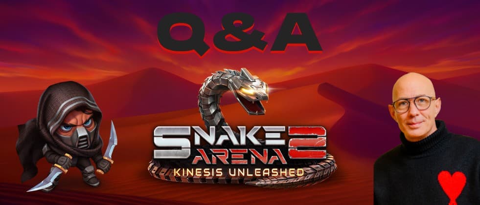 Banner showing the logotype of the Snake Arena 2 slot and Andy Payne being on the right side.