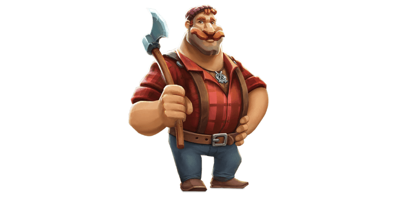 A lumberjack with a big orange mustache, holding an axe.