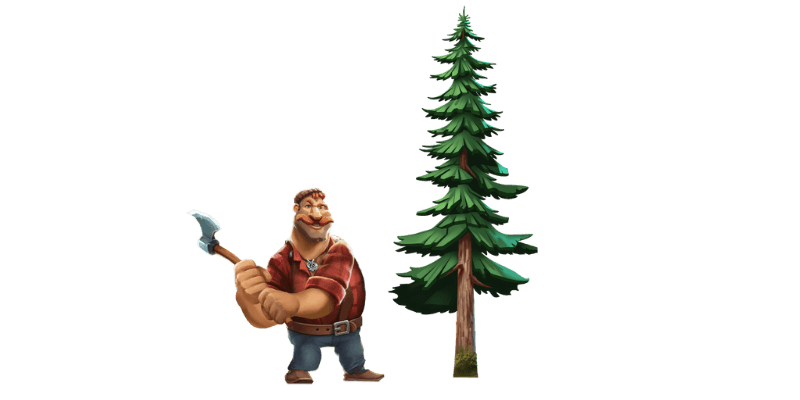 A lumberjack that is about to cut down a green fir tree.