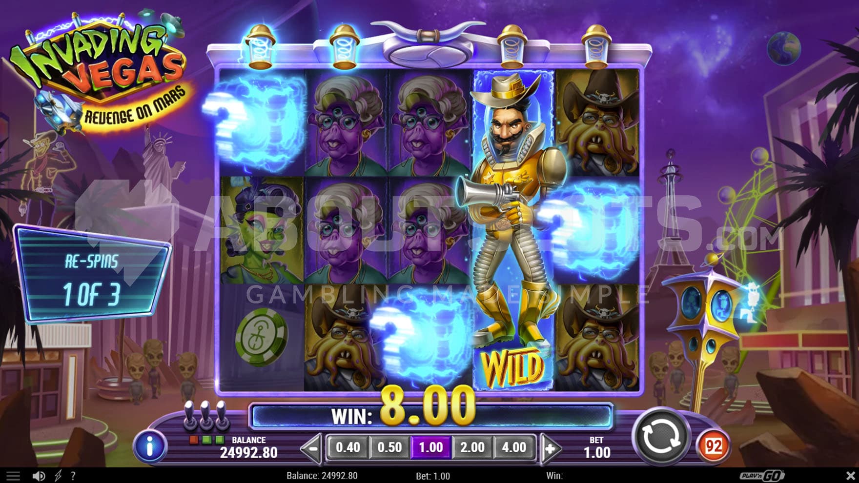 Walking Wild Re-Spin feature triggered in the base game with the fully-stacked Wild on reel 4 and 3 Mystery Symbols generated on the grid.