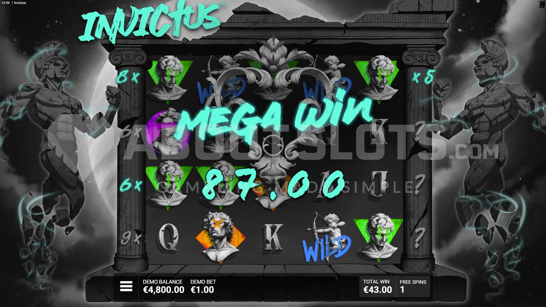 Immortal Gains bonus in progress, showing a 5-of-a-kind win connecting Adding and Multiplying multipliers and generating an 87x bet win.