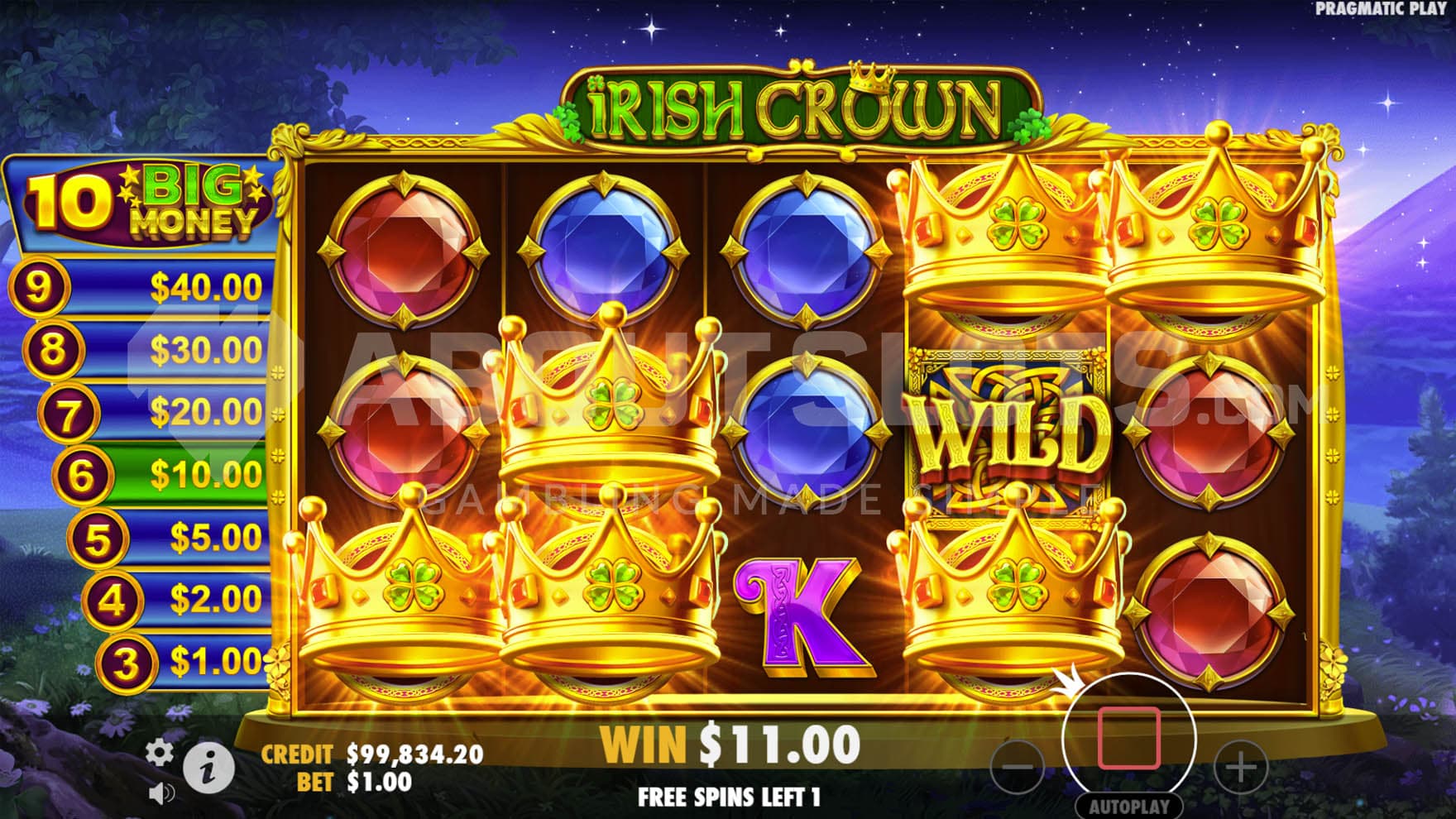 A screen showing a win on 6 Crown Symbols during free spins.