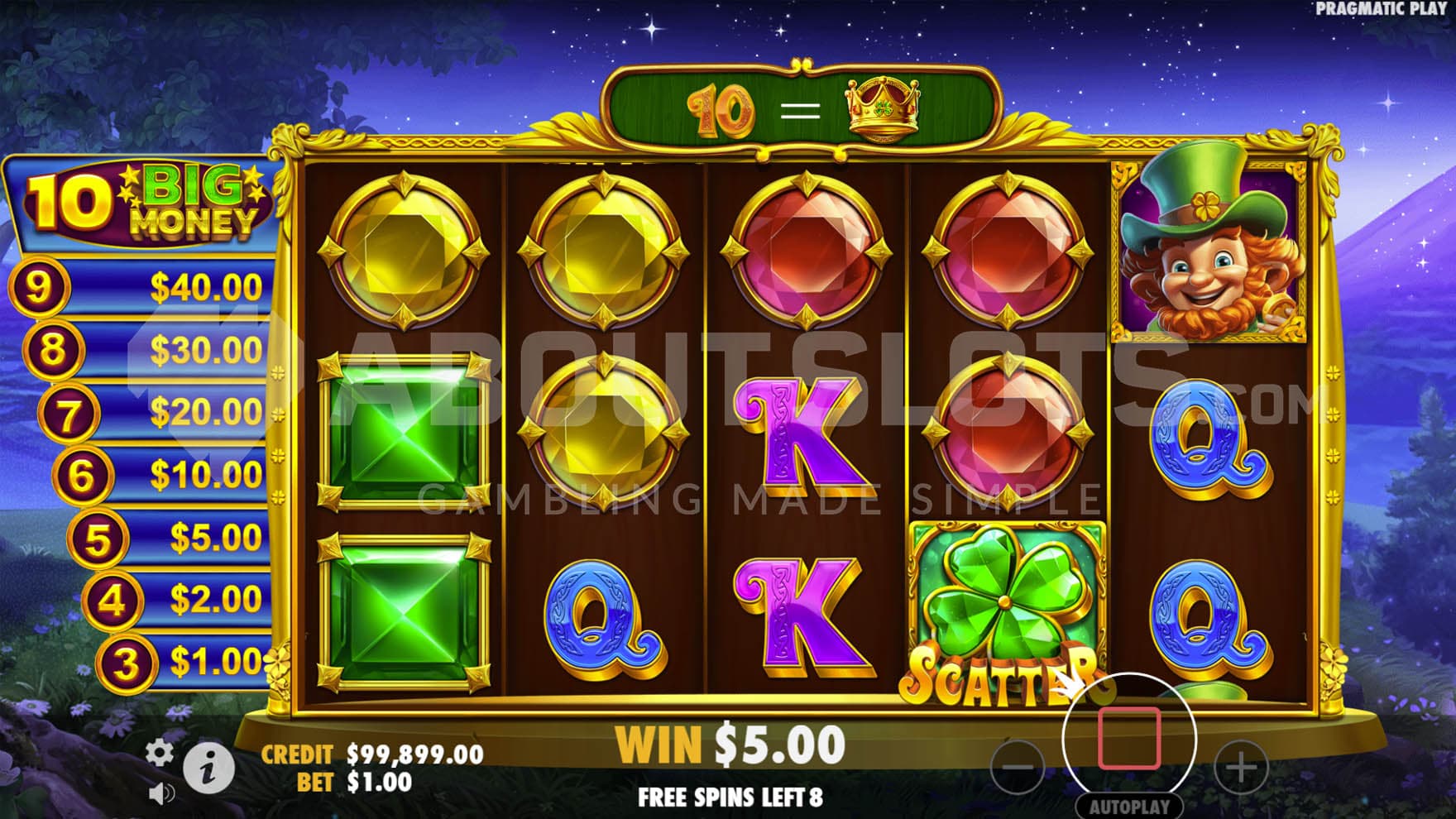 Free spins in progress, showing a conversion of the 10 symbol into Crown symbol.