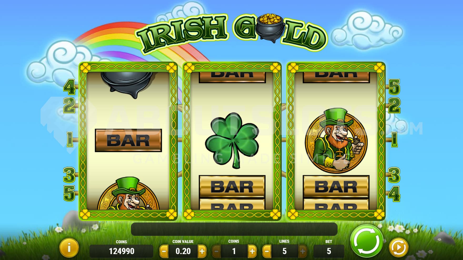 Base Game view of a 3-reel grid on a backdrop of a meadow and blue sky.