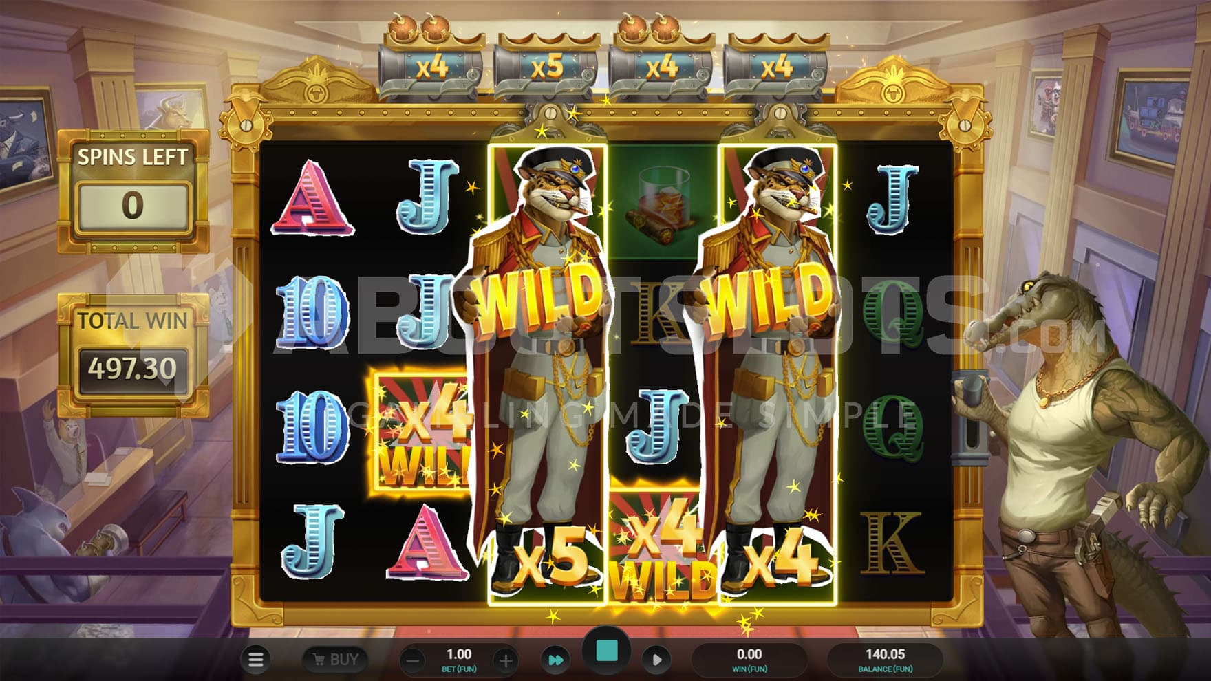 Multiplier Collect Free Spins in Ultra variant in progress showing 2 Expanding Wilds on reels 3 & 5 with multipliers of x5 and x4.