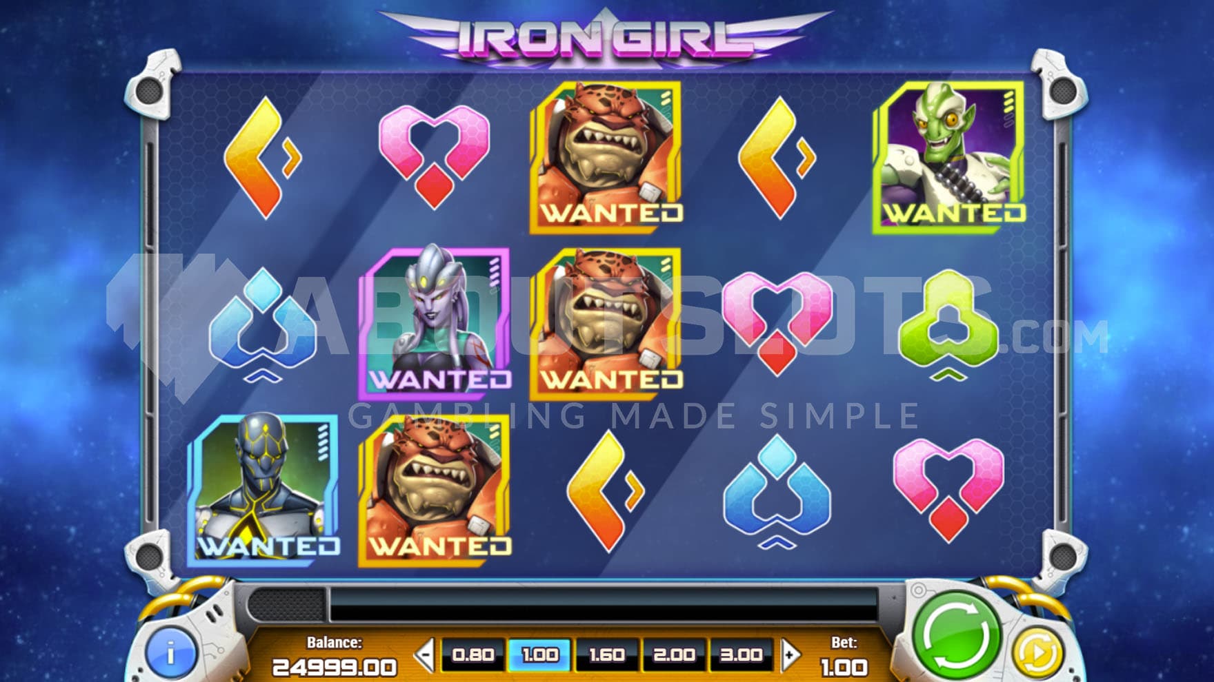 Base Game view of a 5x3 grid on a backdrop of outer space.