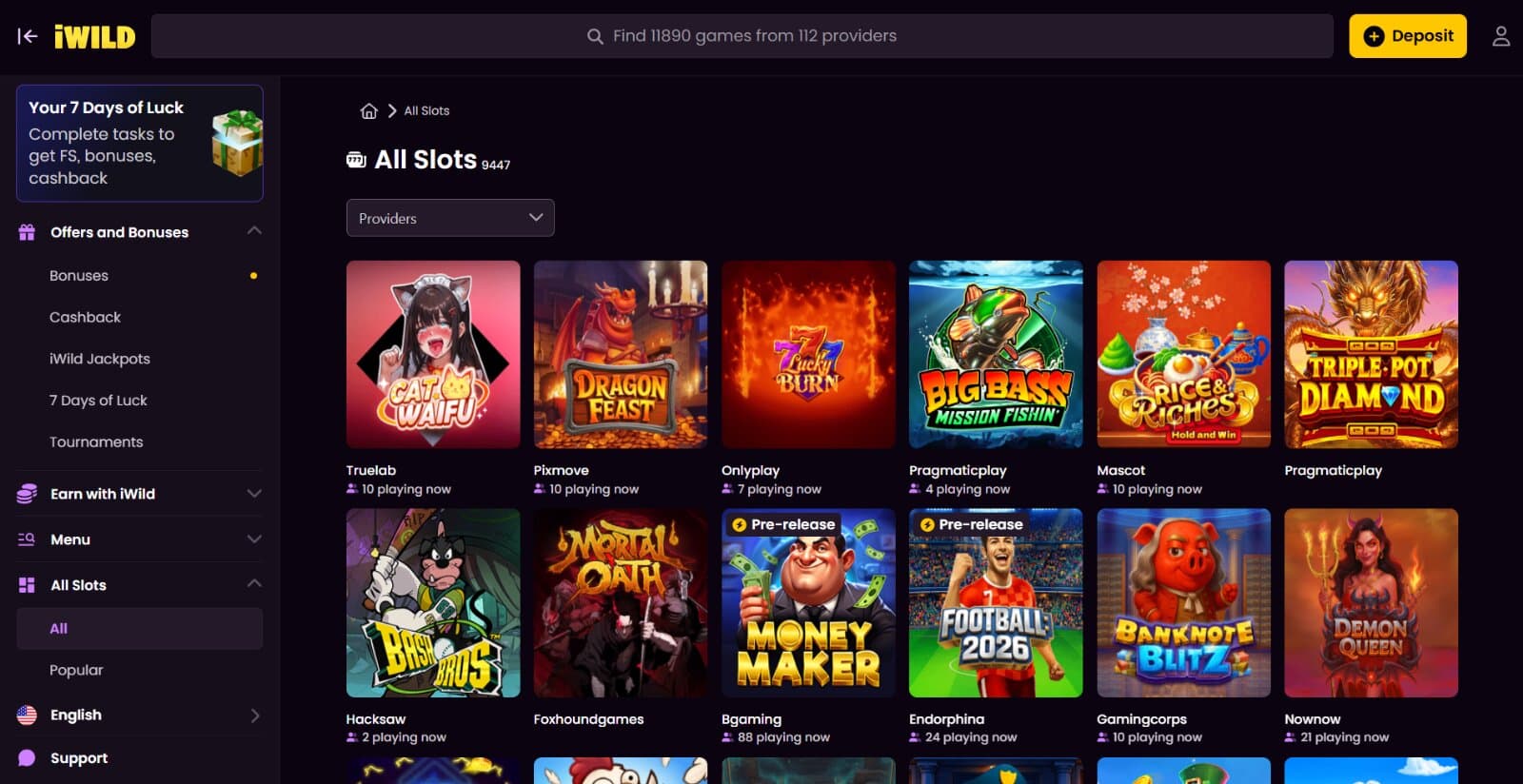 iWild Casino's games page featuring the slots lobby with game icons and side menu with drop down categories
