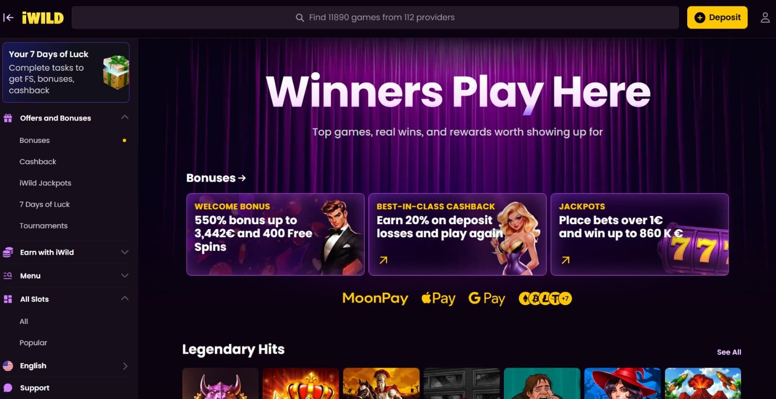 iWild Casino's landing page featuring the welcome banner with main promotional offers, best slot games, next to side menu