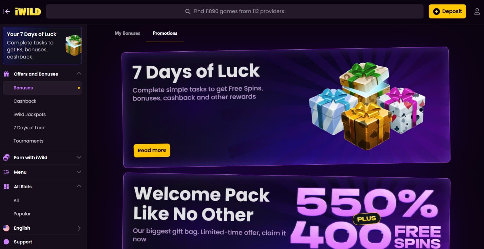 iWild Casino's promotions page featuring the welcome package of 550% match deposit, reload offer, cashback, and other bonus offers