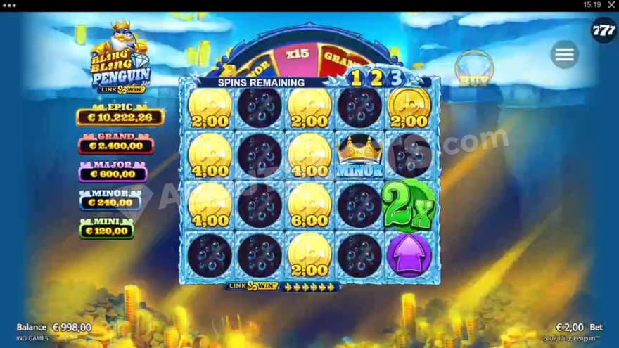 Link and Win feature with bonus, multiplier and Jackpot symbols on the reels.