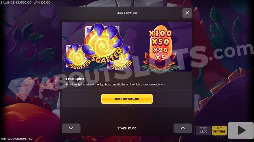 A menu offering the Free Spins for 150X the bet.
