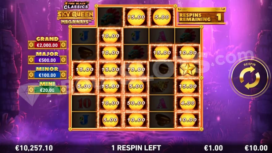 Hold and Respin feature being active with sun symbols on the majority of the positions.