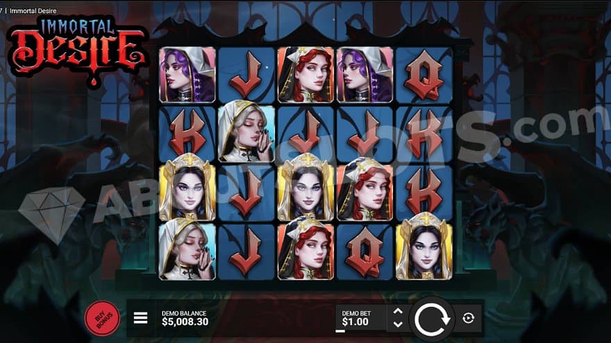 Five reels with nun symbols and royals.