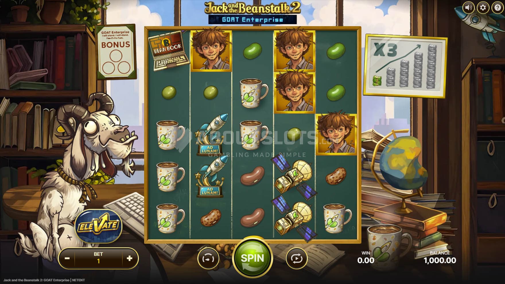 Screenshot of the Base Game, showing a 5x5 grid on a backdrop of a cluttered office, with a goat sitting behind the desk on the left.