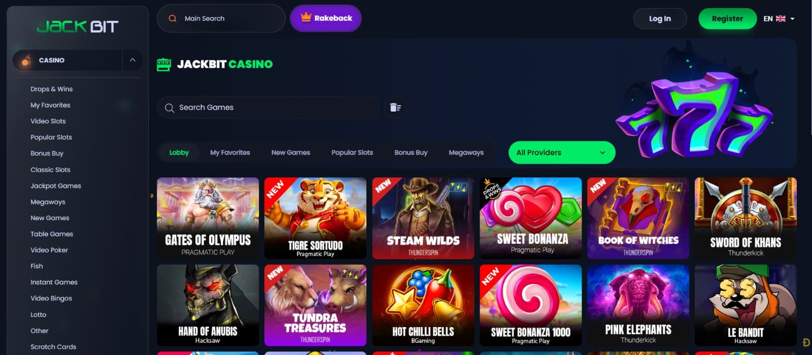 Jackbit Casino games page with slot game lobby under provider and game categories