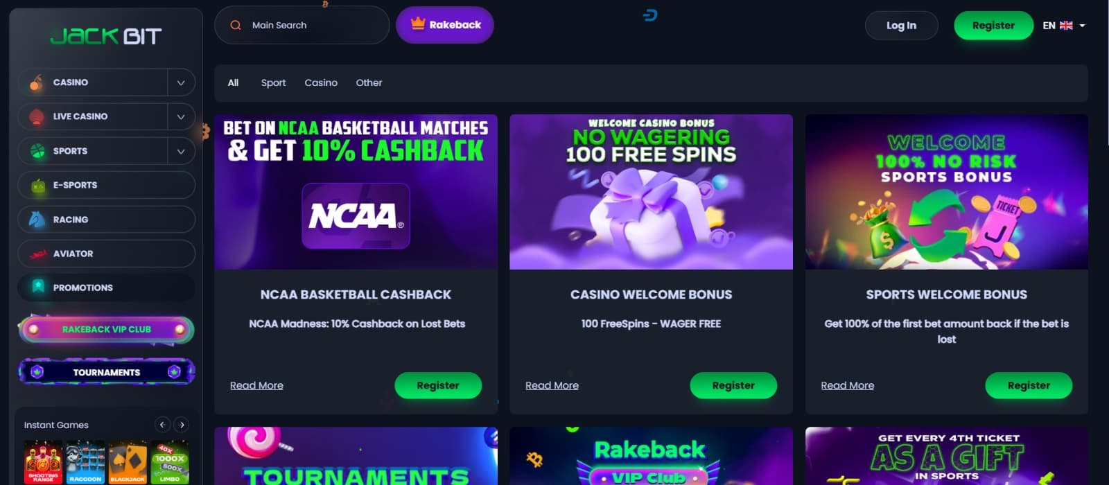 Jackbit Casino promotions page with no wagering free spins welcome bonus and sports bonuses