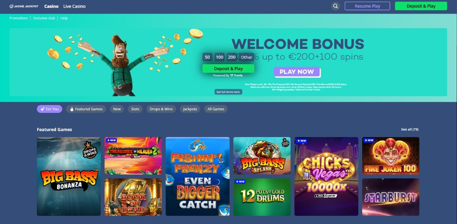 Jackie Jackpot Casino landing page featuring 100% welcome bonus of 200 euros and 100 free spins over featured games section