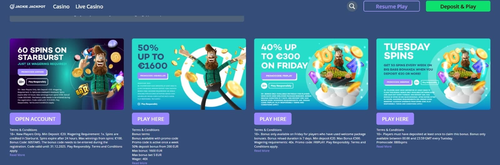 Jackie Jackpot Casino promotions page featuring 60 free spins, high roller bonus, Friday reload bonus and Tuesday reload bonus