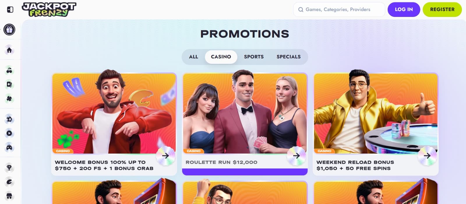 FortuneJack Casino promotions page with casino bonuses presented by men in hoodies, suits and women in formal gowns