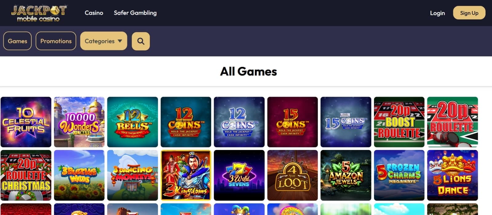 Jackpot Mobile Casino games page featuring slots, table games, live casino games