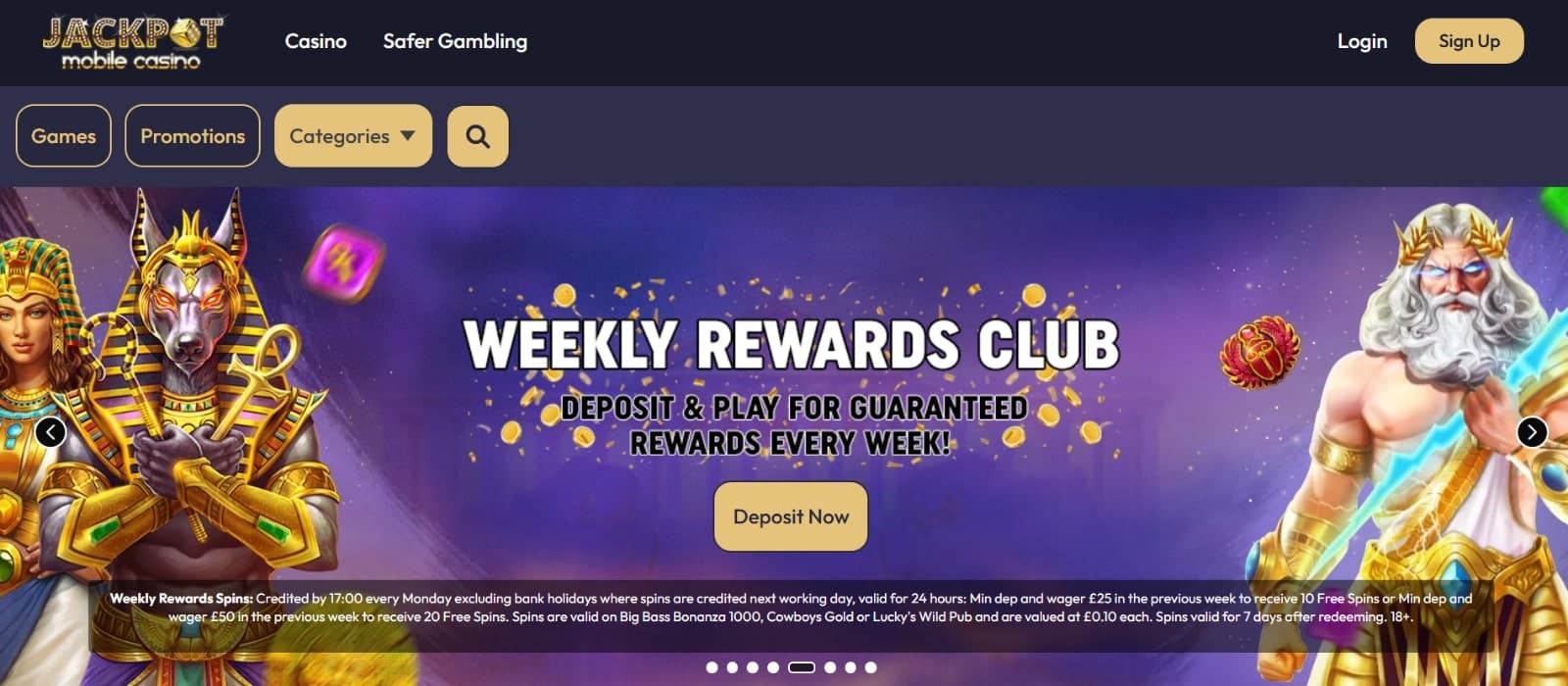Jackpot Mobile Casino landing page with the weekly rewards club promotion
