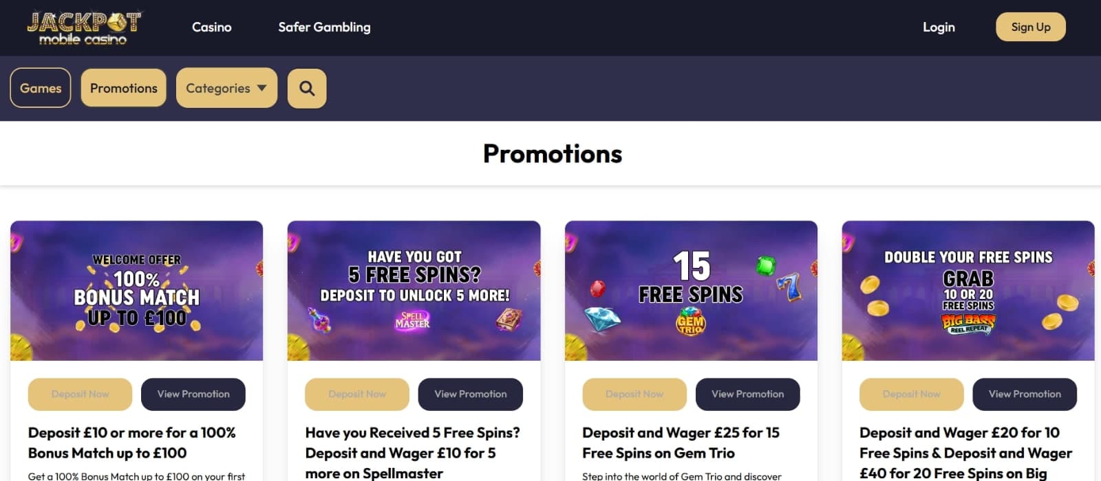 Jackpot Mobile Casino promotions page with 100 GBP welcome bonus and free spins