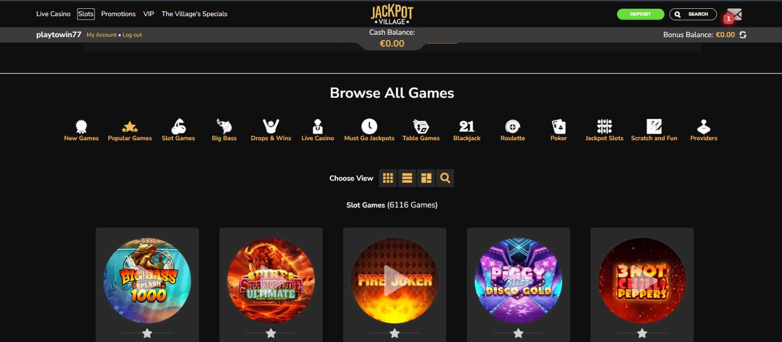 Jackpot Village Casino games page featuring the category tabs for slots, table games, jackpots, poker, scratch cards, and search view for icons