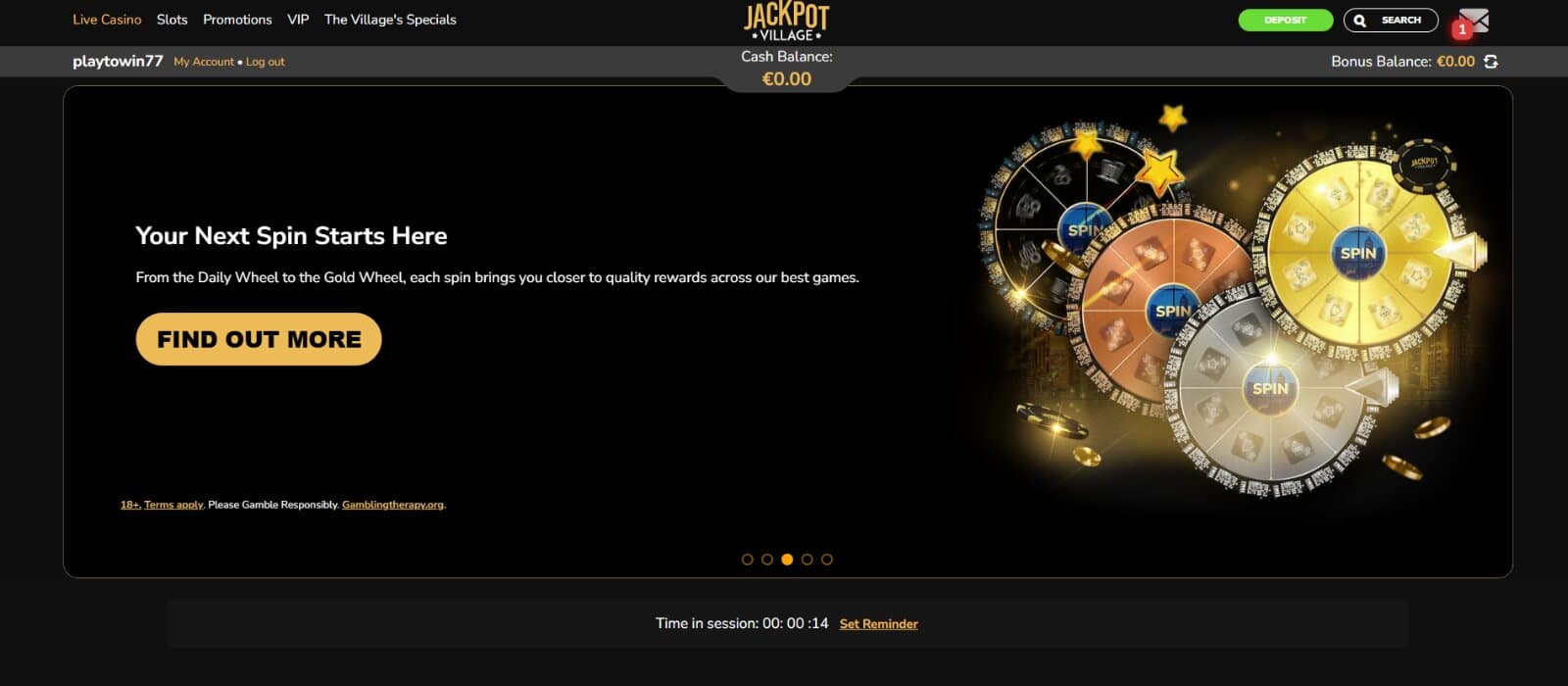 Jackpot Village Casino landing page featuring the Bonus wheel promotional banner, top navigation pages, and account access tools