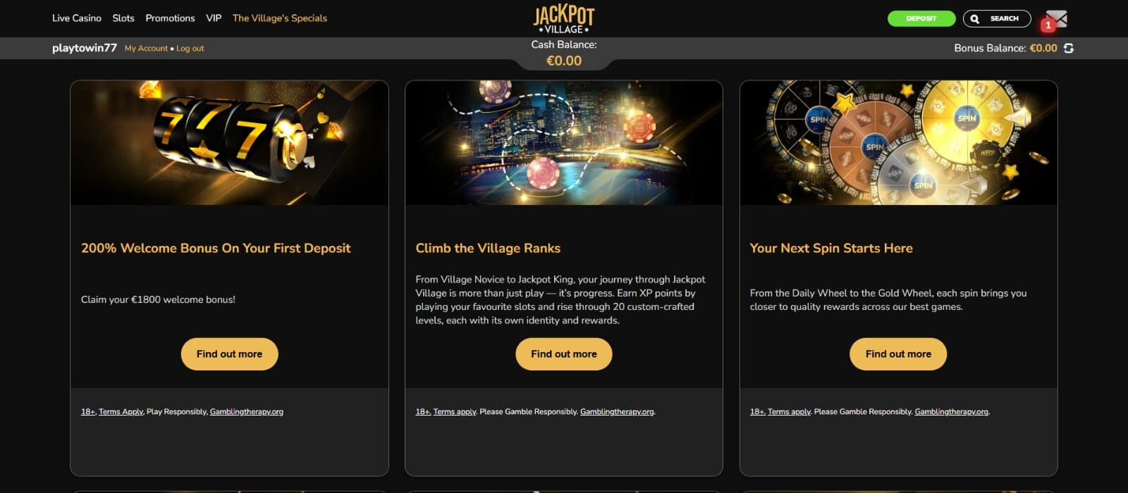 Jackpot Village Casino promotions page featuring the welcome package, loyalty levels, spin wheels and other recurring promotions