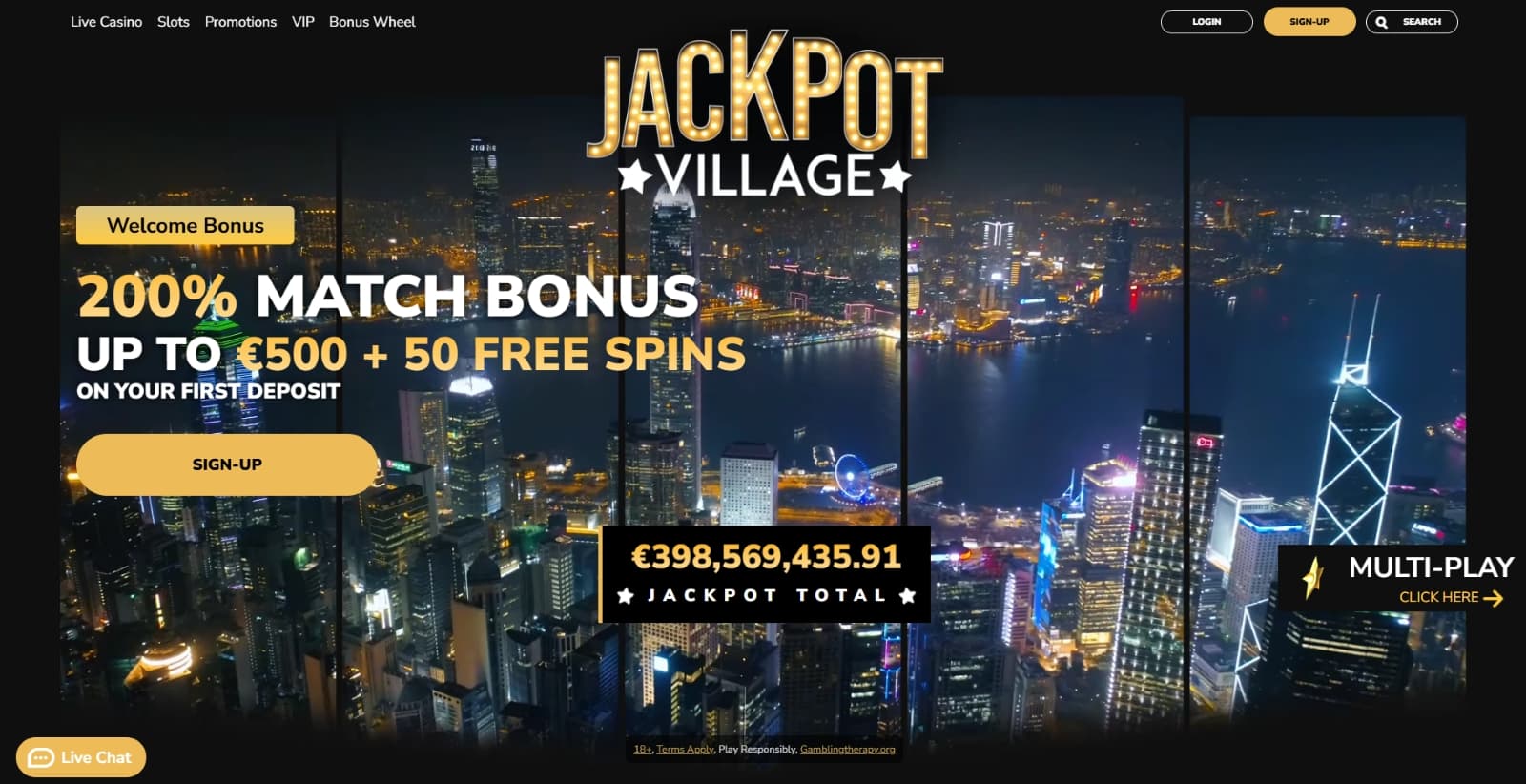 Jackpot Village Casino landing page with first deposit bonus over image of cityscape