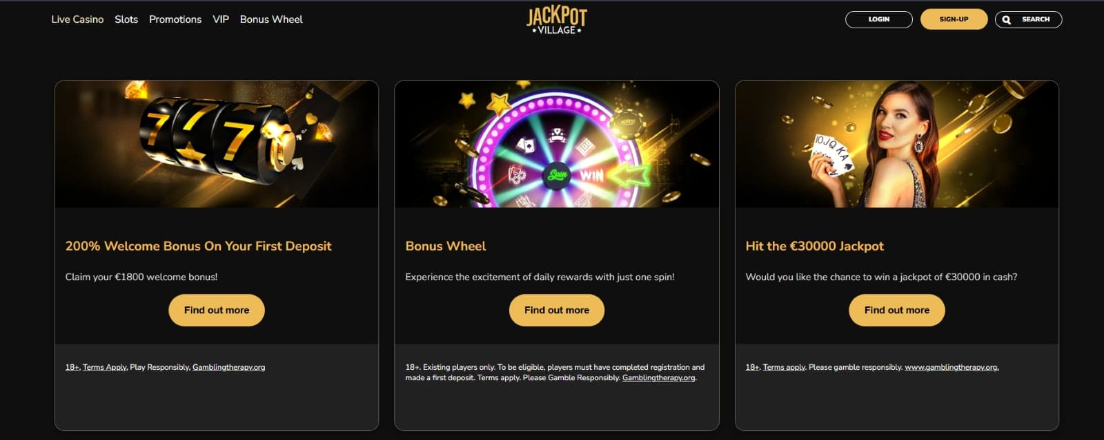 Jackpot Village Casino promotions page with welcome bonus, bonus wheel and 30000 eur jackpot