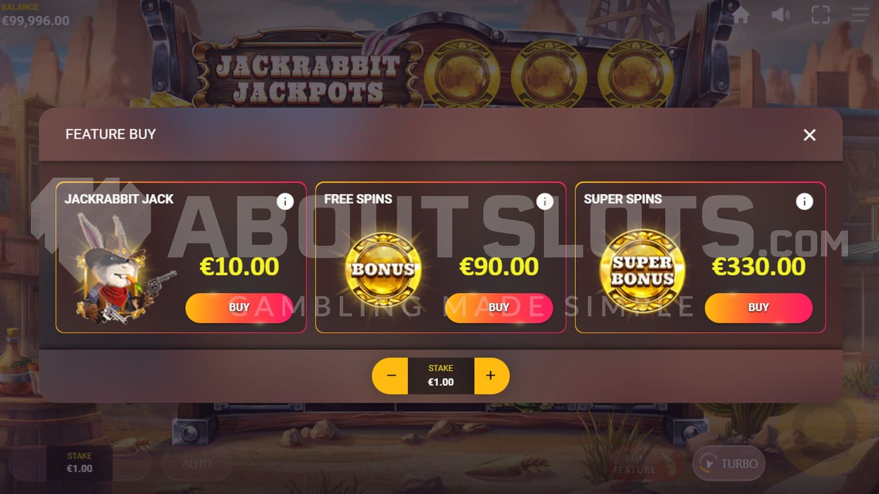 A screen offering the Free Spins for 90x and the Super Free Spins for 330x the bet.