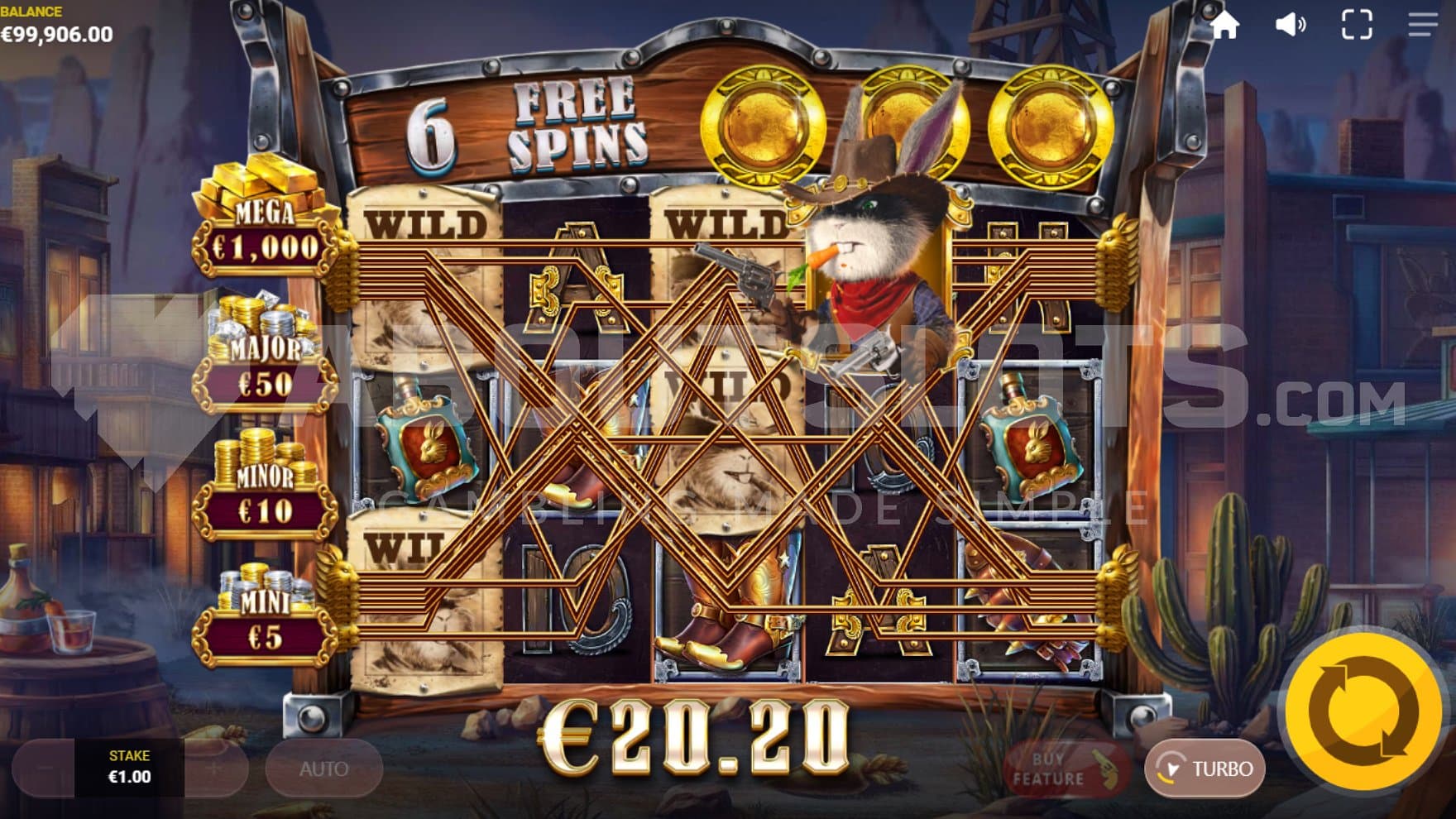 A win after the rabbit has shot Wilds on reels 1 and 3.