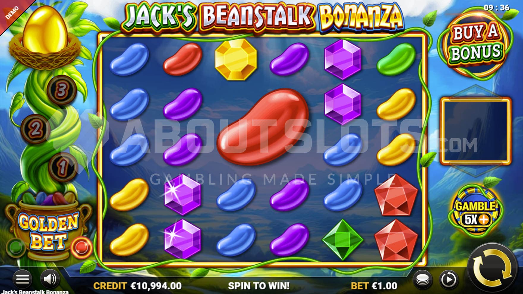 Base Game view of a 6x5 grid on a backdrop of a natural landscape, with a beanstalk rising on the left.