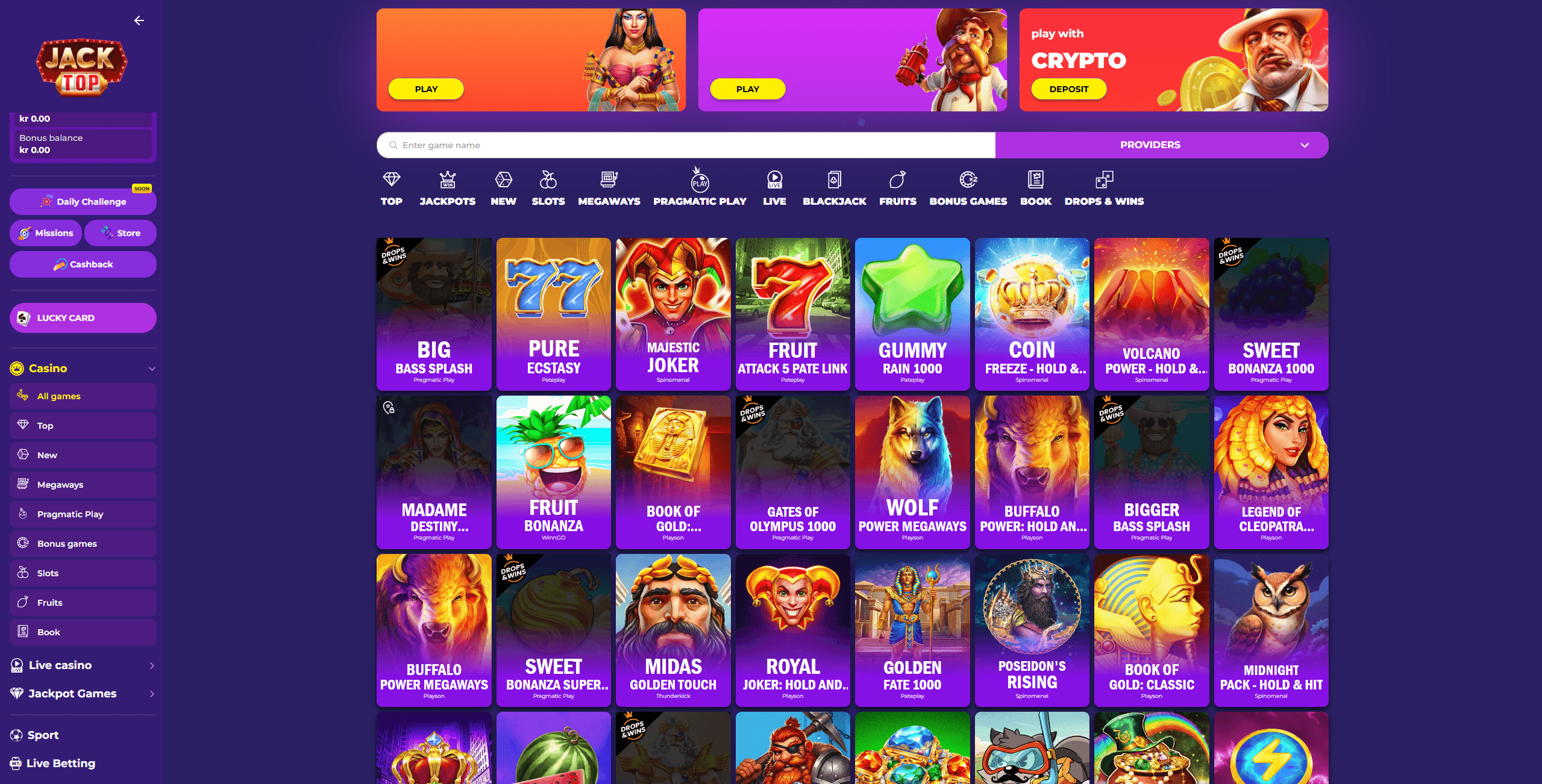 Jacktop Games Page showing a selection of casino games and the main menu