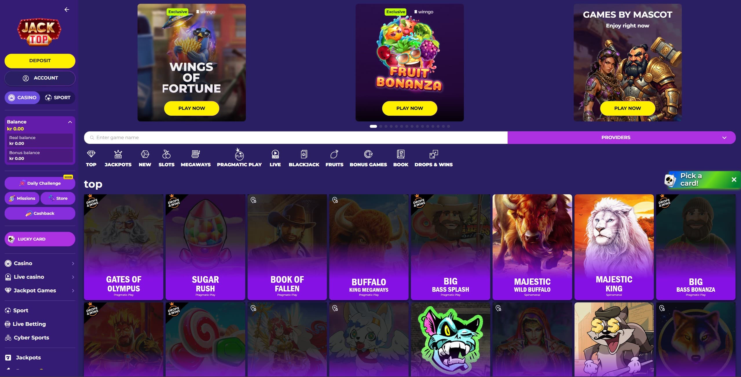 Jacktop Landing Page showing a selection of games and the main menu