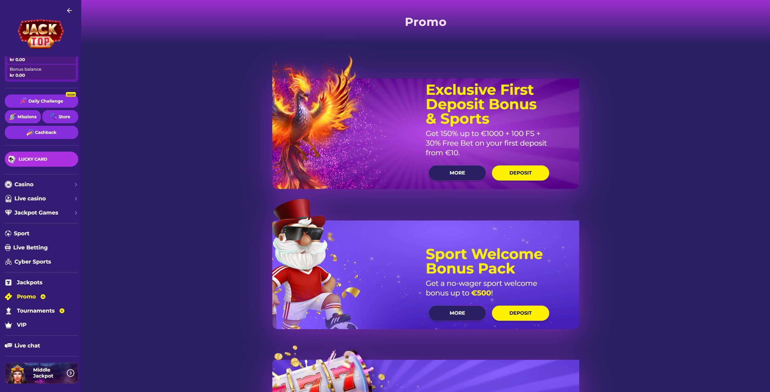 Jacktop Promotions Page showing the available bonuses and promotions
