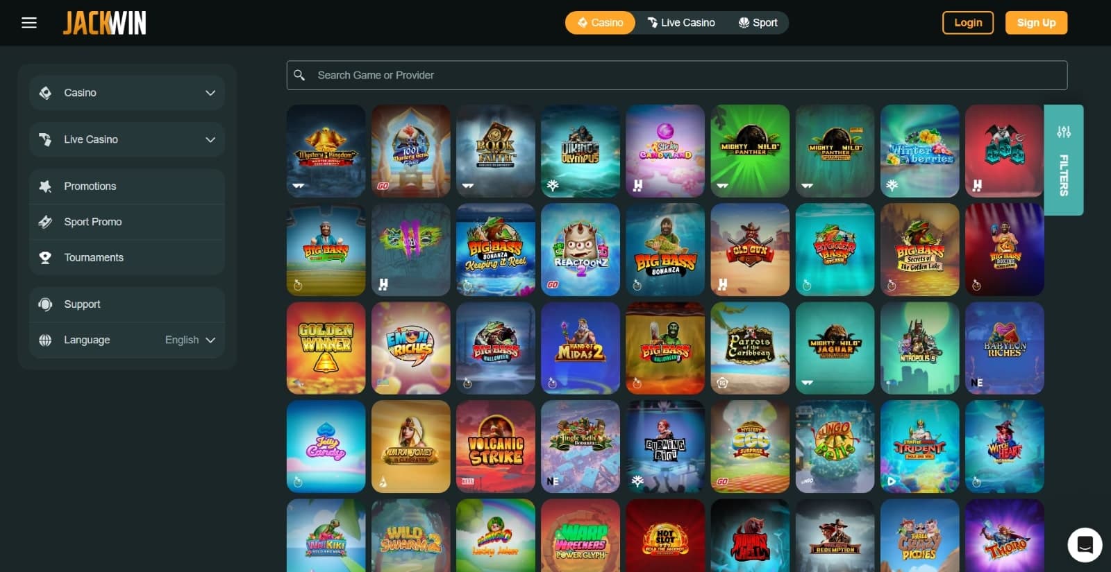 JackWin Casino games page with the latest slots under search filter option