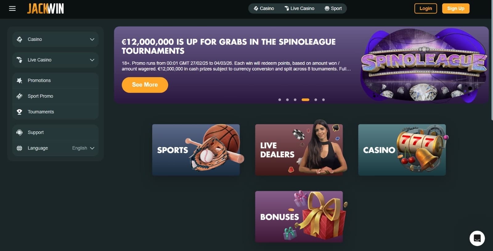 JackWin Casino landing page with the Spinoleague tournament banner and other casino page tabs