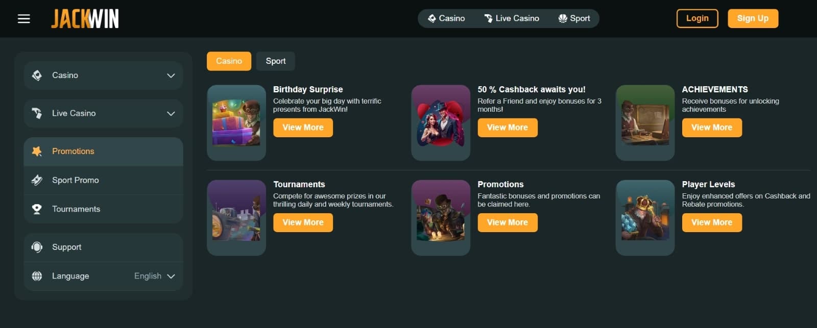 JackWin Casino promotions page featuring birthday bonus, 50% cashback and other tournaments