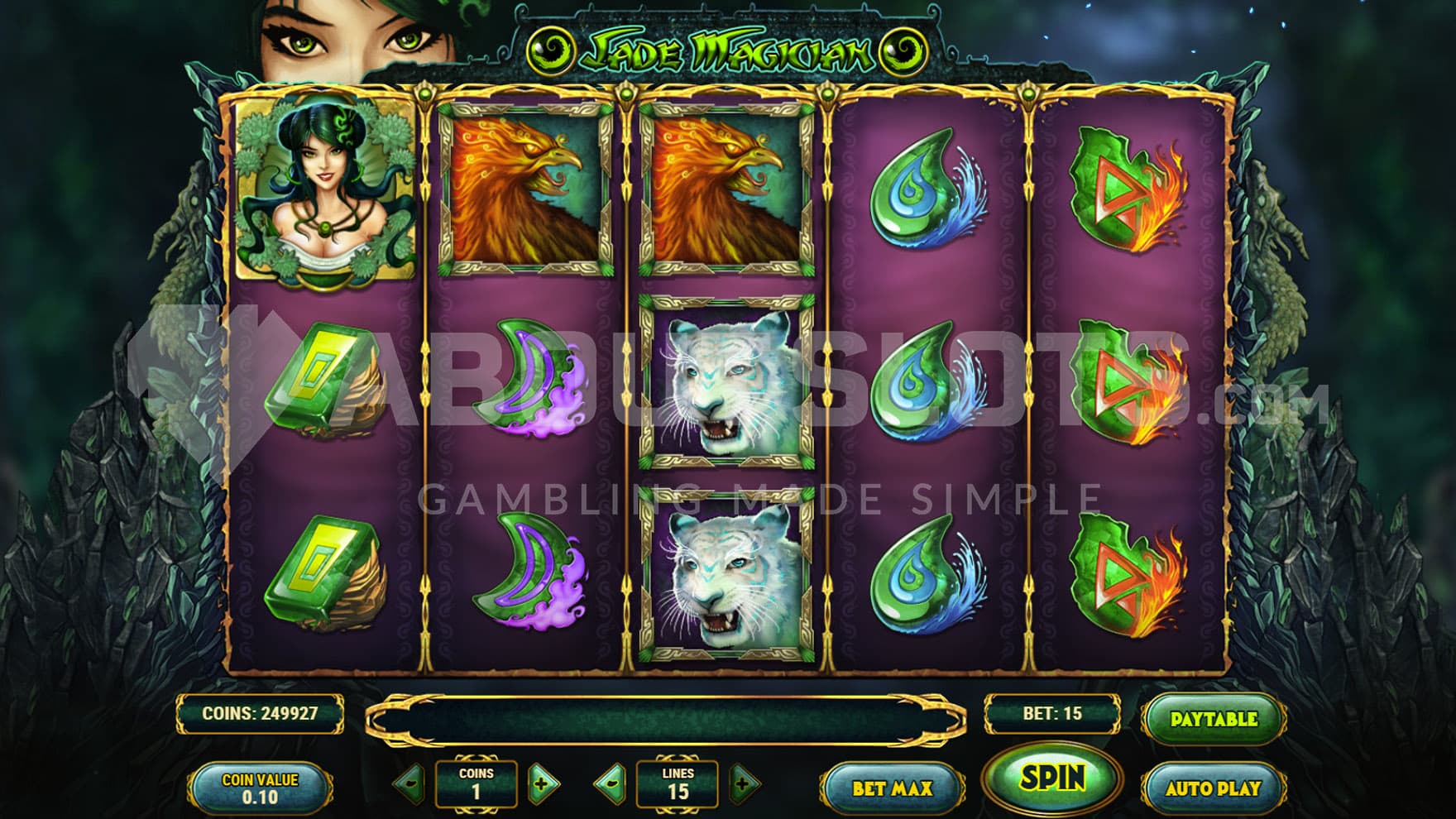 Base Game view of a 5x3 grid on a dark-green backdrop, with dragon-shaped ornaments flanking the frame.