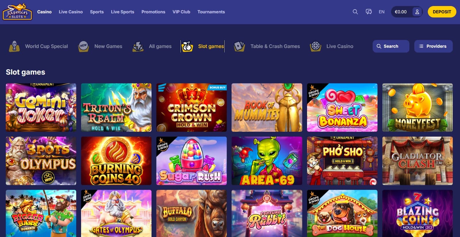 Jasmin Slots Casino lobby showing thousands of slots, live casino tables and provider filters
