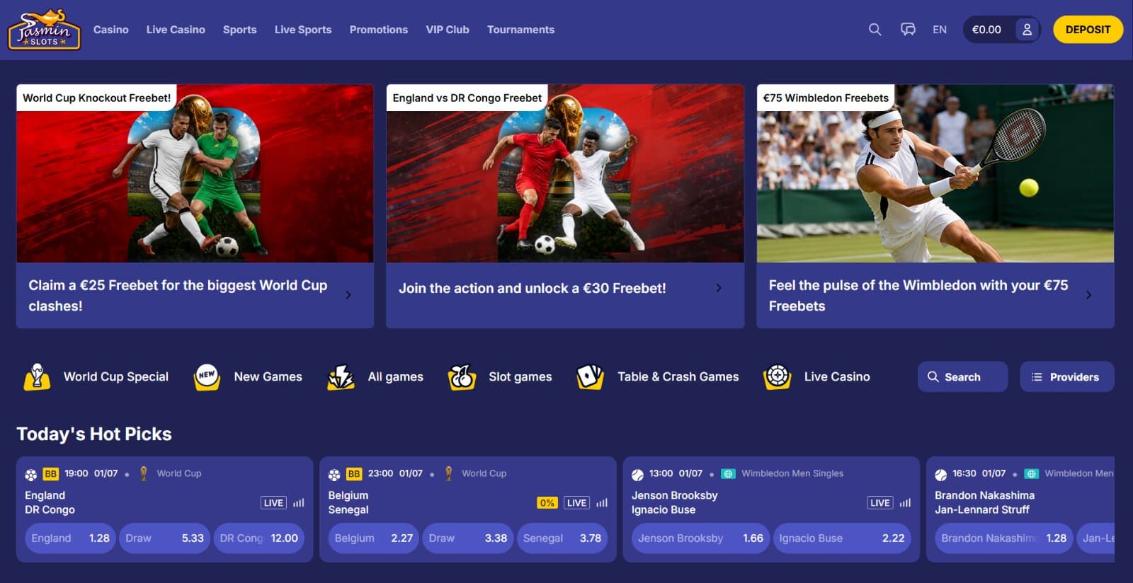 Jasmin Slots Casino homepage showing sports and casino features with featured slot games