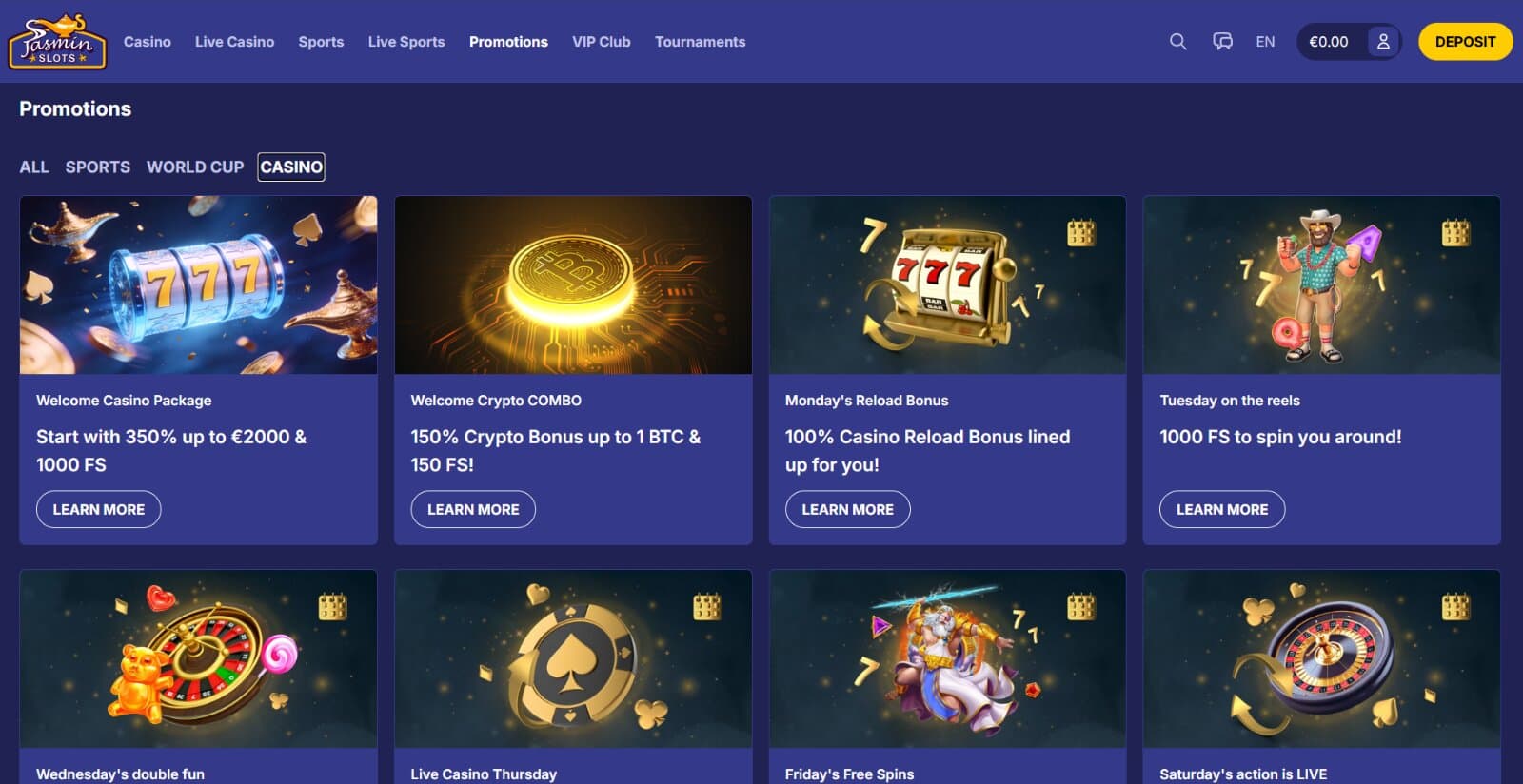 Jasmin Slots Casino promotions page displaying deposit bonus, free spins and weekly cashback offers