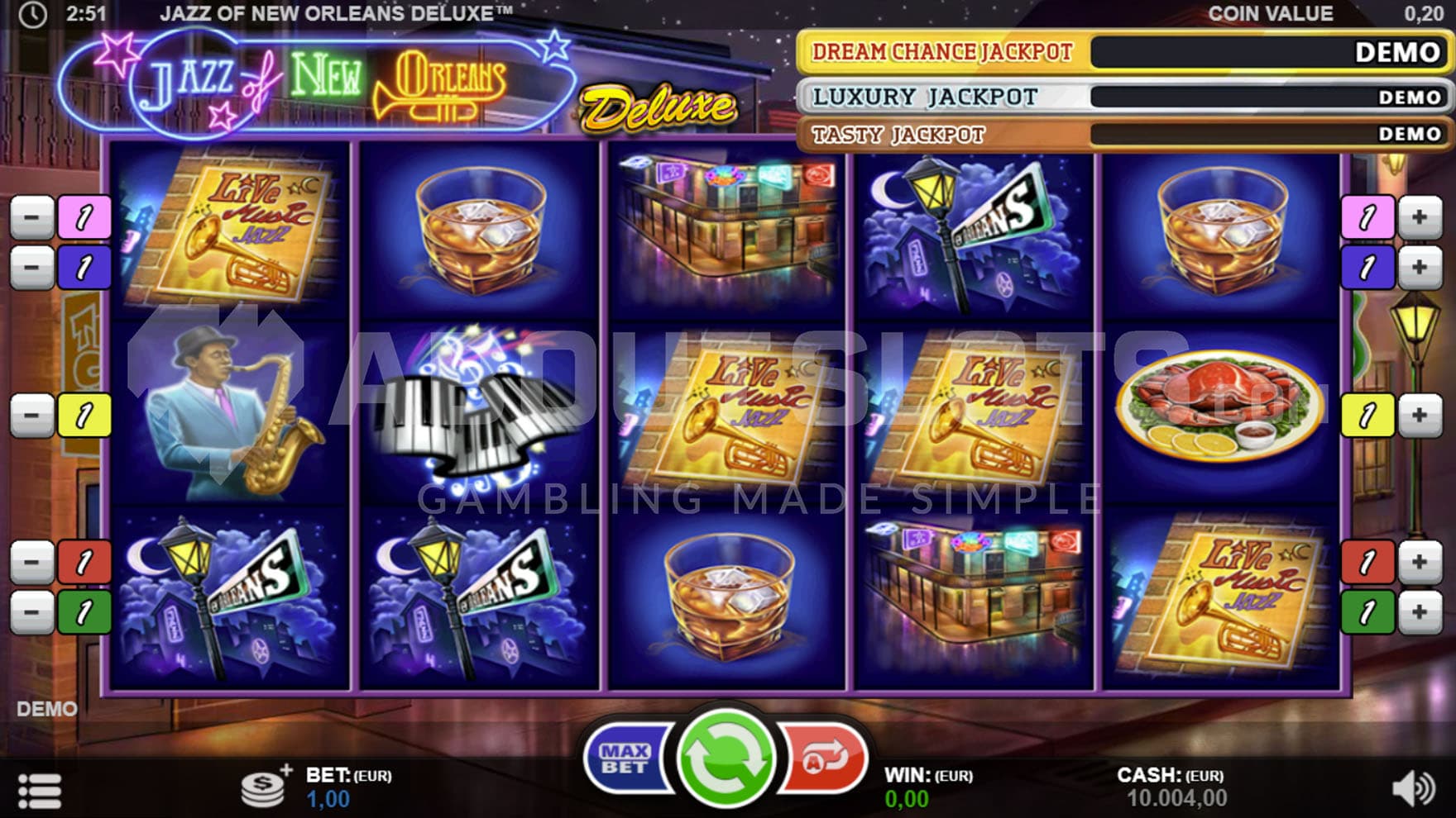 Base Game view of a 5x3 grid on a backdrop of a nighttime city with music-themed symbols on the reels.