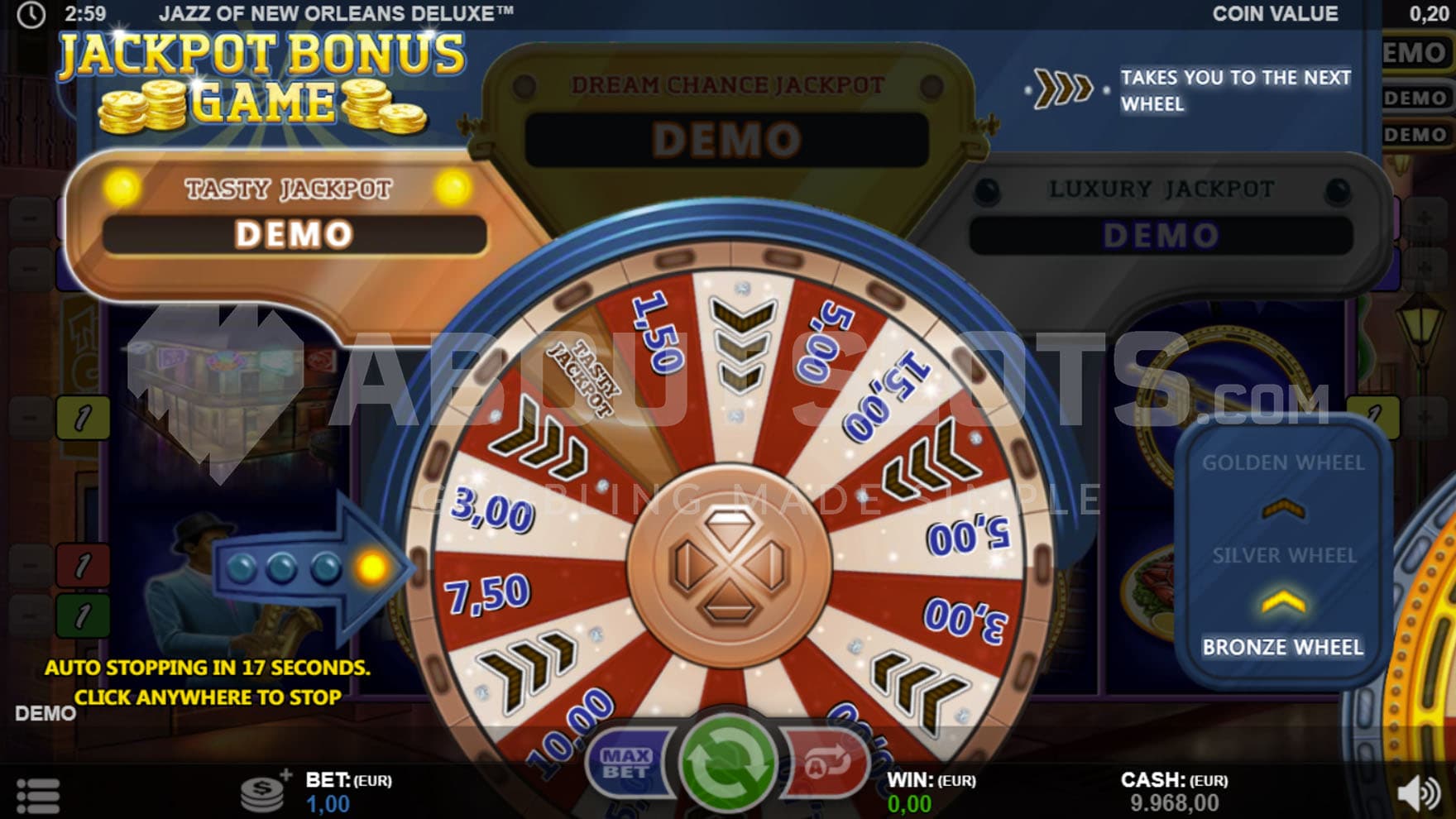 Jackpot Game bonus in progress showing a wheel with multiple prizes available to be won.