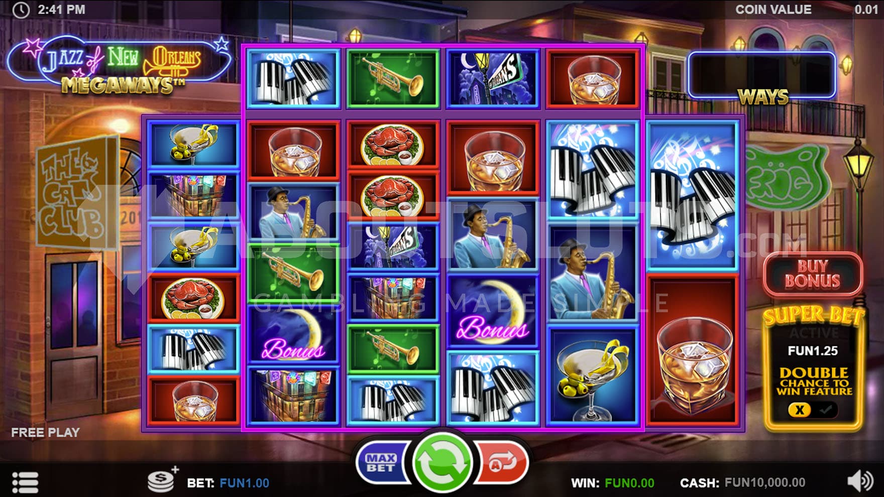 Base Game showing a 6-reel grid with randomized rows on a backdrop of a nighttime New Orleans.